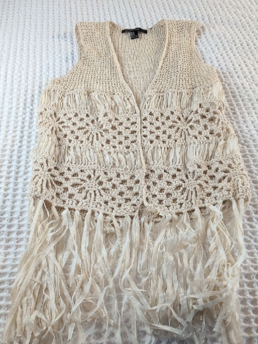 Forever 21 Cream Crochet Fringe Open-Front Vest Size M